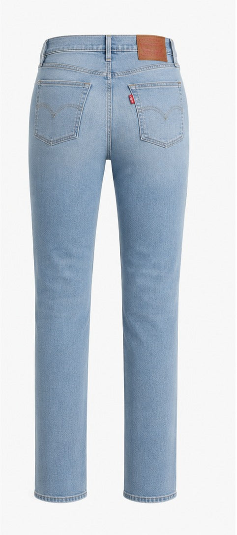 Levi's 314 Shaping Straight light blue wash back view – women's mid rise tummy slimming straight leg denim size 28