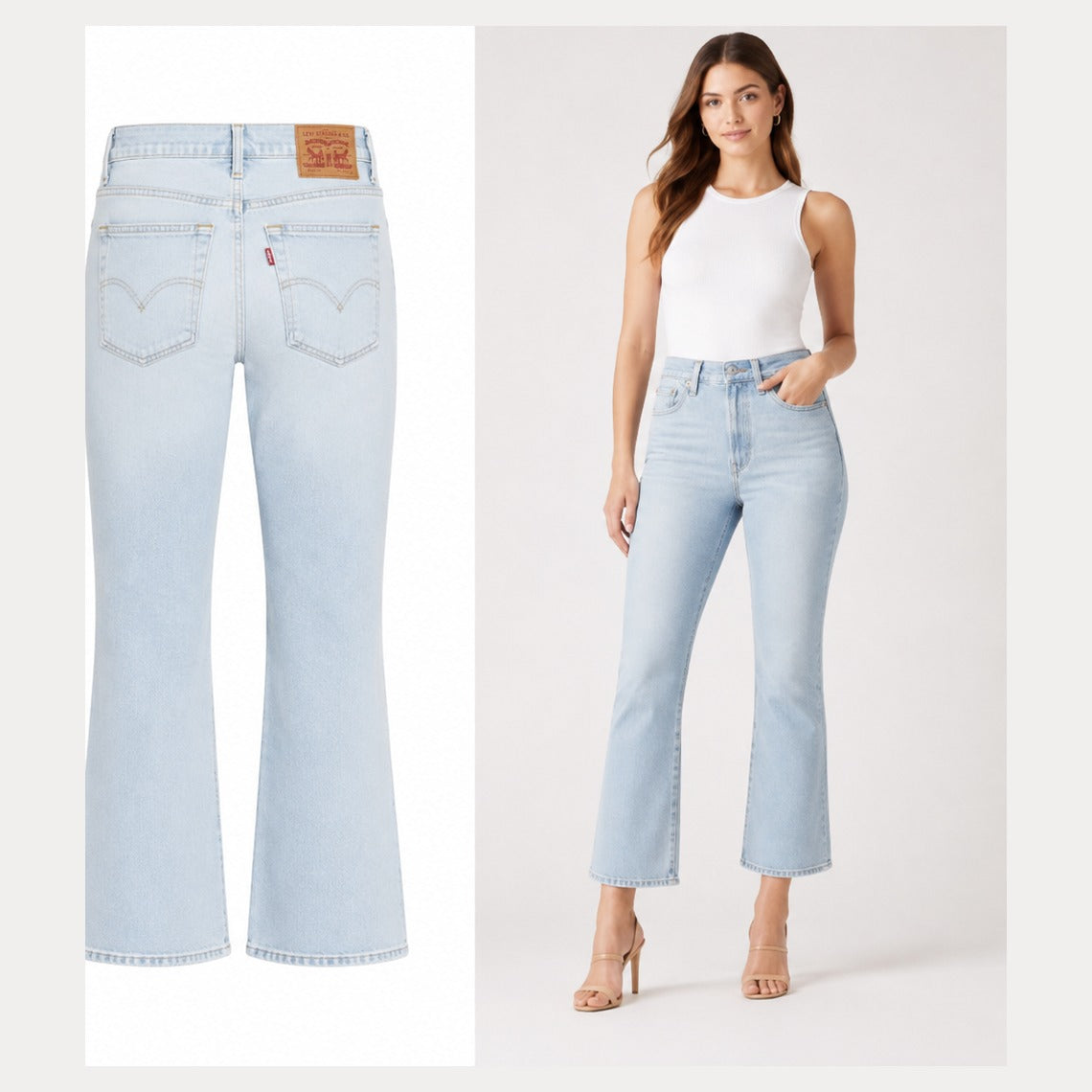 Model wearing Levi's Ribcage Straight light blue rhinestone size 28
