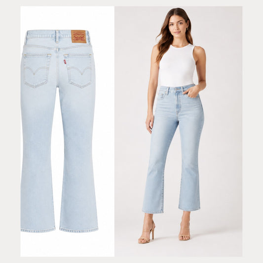 Model wearing Levi's Ribcage Straight light blue rhinestone size 28