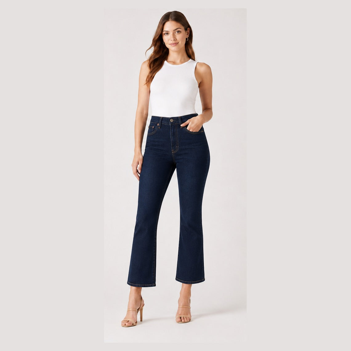 Model wearing Levi's 726 Flare dark indigo size 27