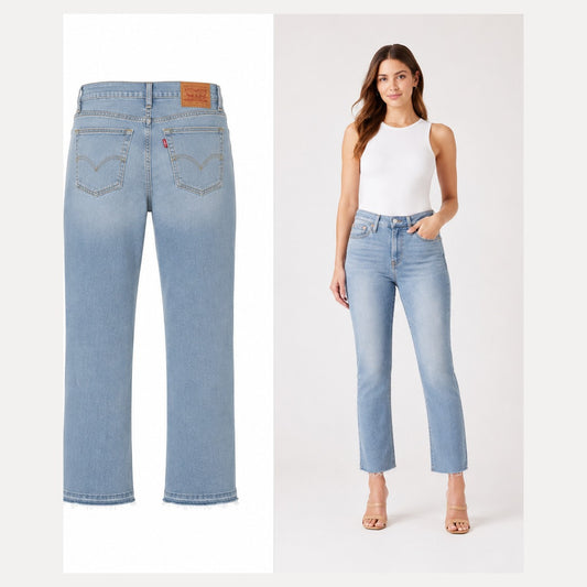 Model wearing Levi's '80s Mom Jean light blue size 27
