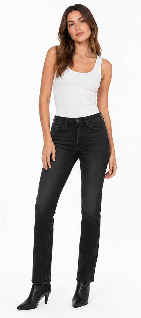 Model wearing Levi's 312 Shaping Slim black wash – women's mid rise 4-way stretch tummy slimming denim size 28