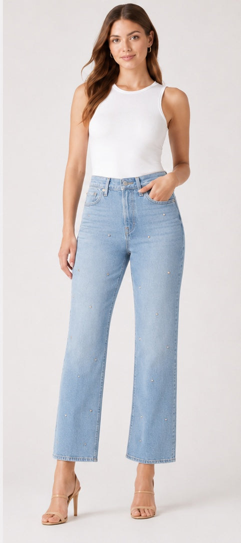 Model wearing Levi's '94 Baggy Women's Jeans light blue rhinestone – mid rise loose straight leg embellished denim size 28