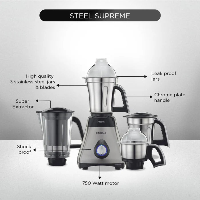 Preethi Steele Supreme Mixer Grinder 750W Grey, additional product view 5