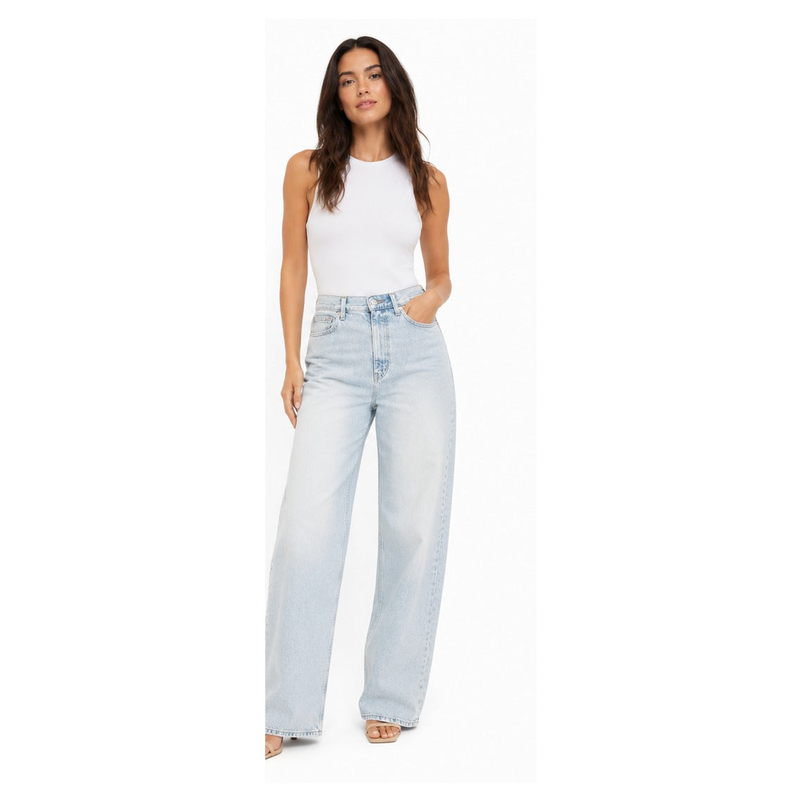 Model wearing Levi's High Loose light blue acid wash size 32