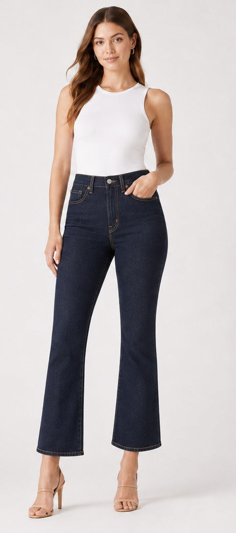 Model wearing Levi's Mile High Wide Leg Women's Jeans dark navy – high rise wide leg denim size 12
