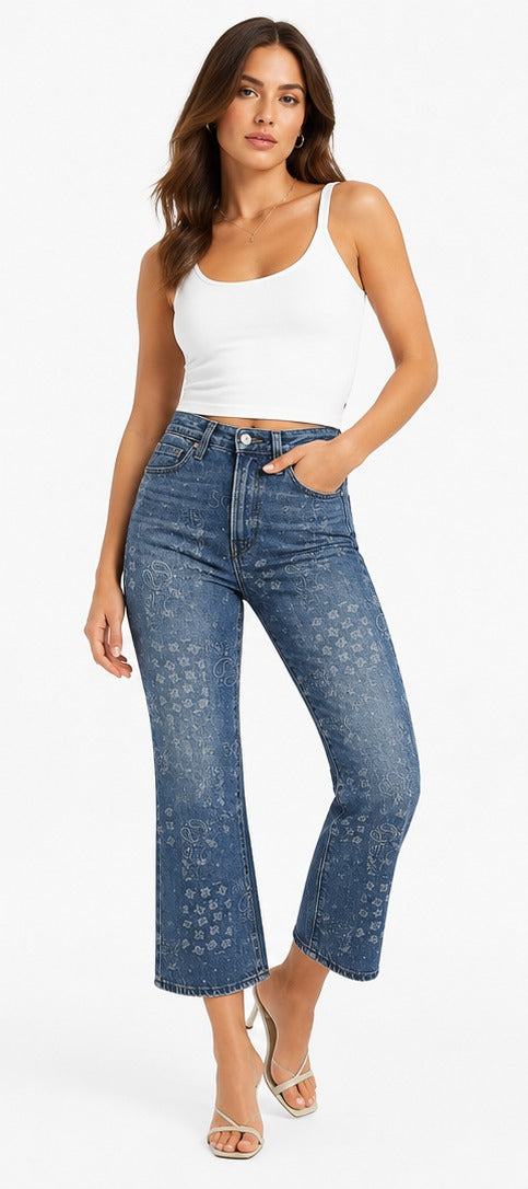 Model wearing Levi's Ribcage Bootcut Cropped paisley print – women's super high rise cropped bootcut denim size 25