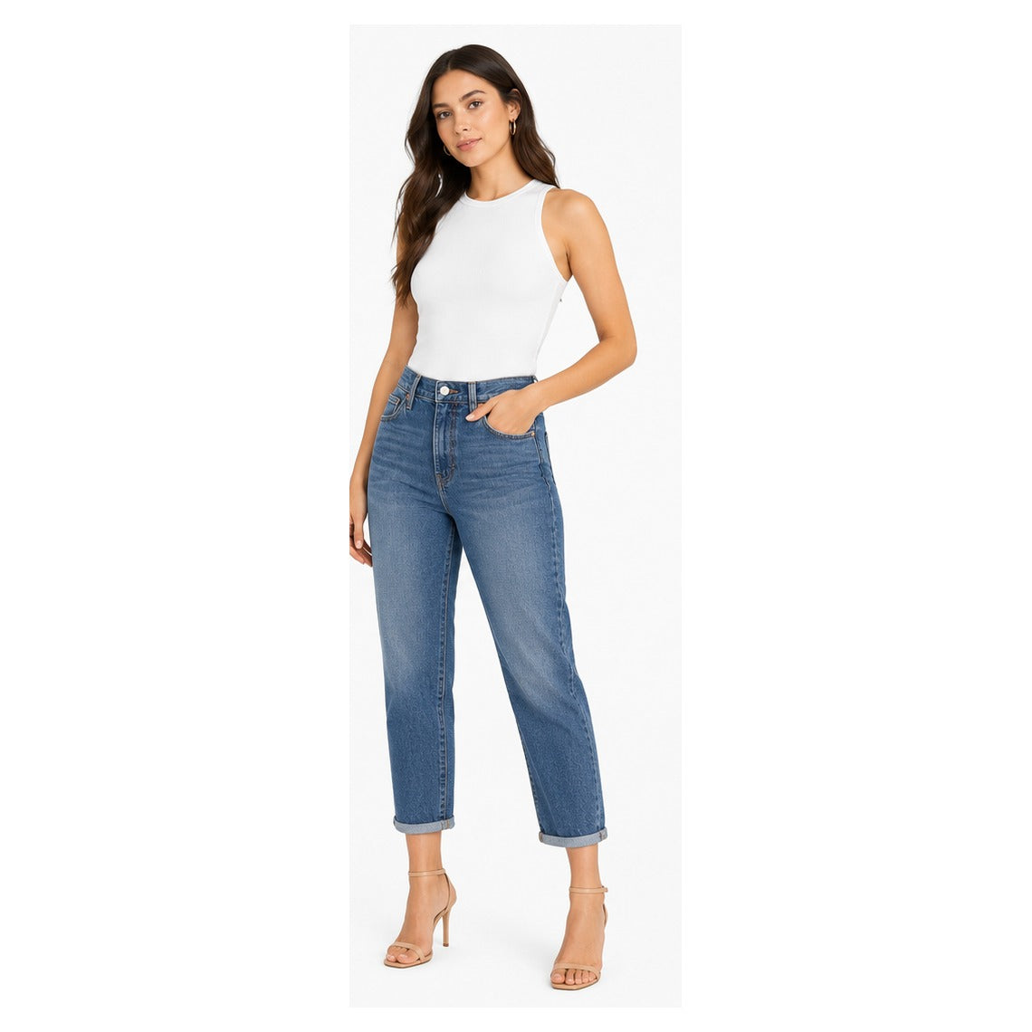 Model wearing Levi's Ribcage Straight Ankle selvedge light blue size 28