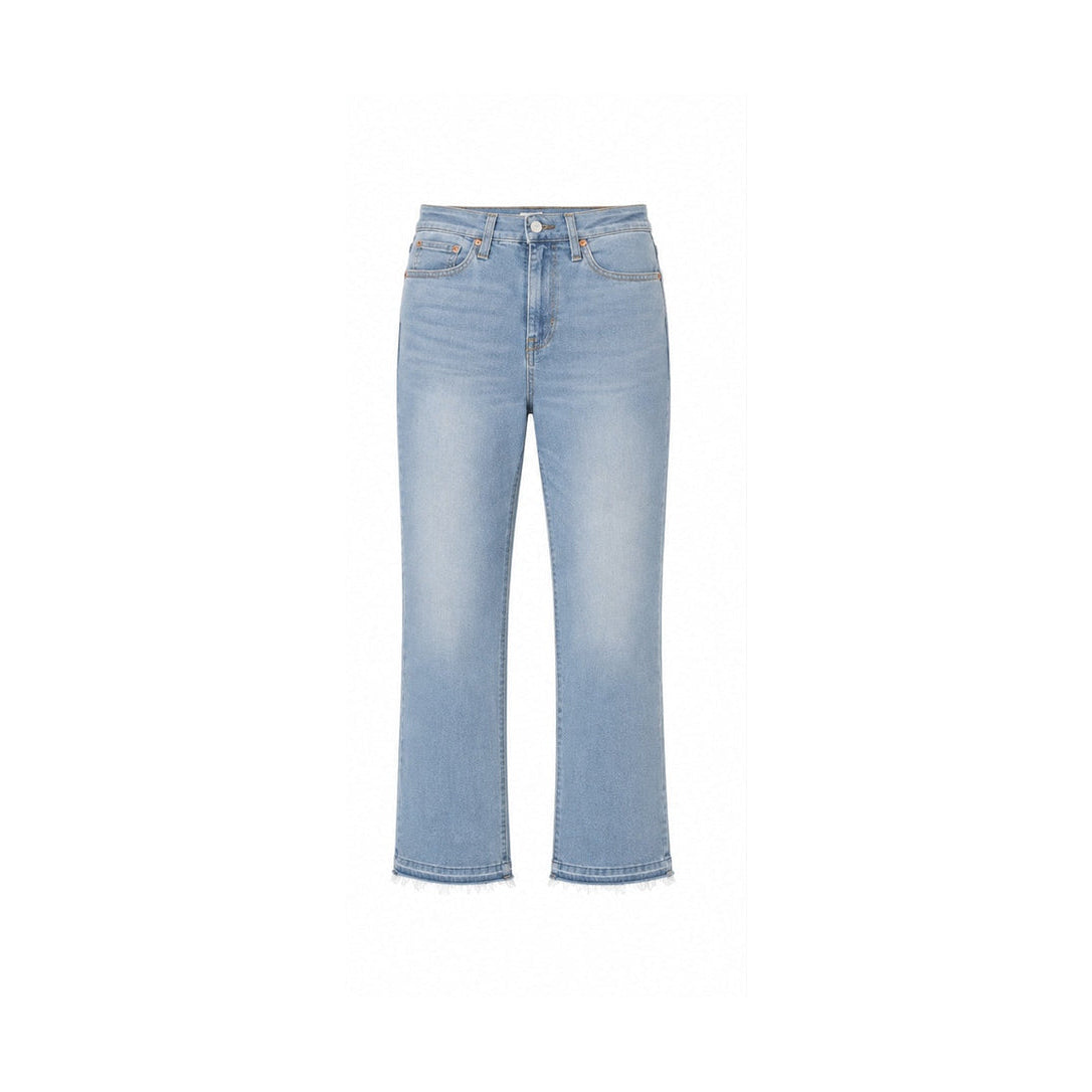 Levi's 724 High-Rise Slim Straight light blue frayed hem size 31, front flat lay