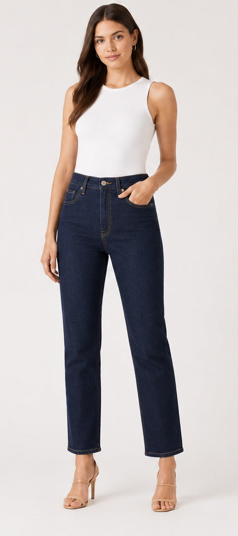 Model wearing Levi's Wedgie Straight Women's Jeans dark navy – high rise snug fit straight leg denim size 28