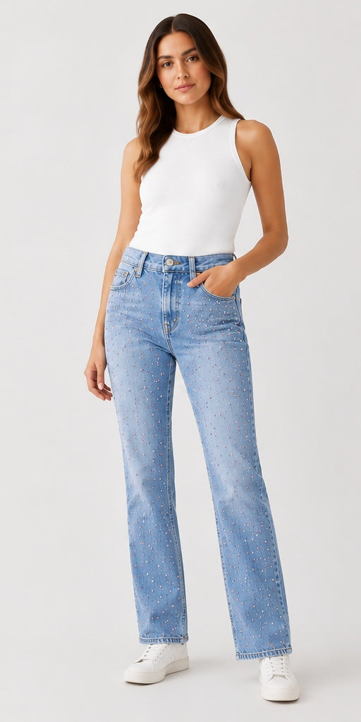 Levi's Wedgie Straight Women's Jeans Light Blue Rhinestone Size 28 – model wearing